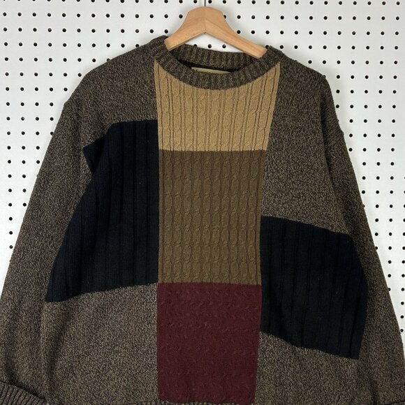 Munsingwear Brown Chunky Knit Sweater Large Grandpa 90s Checkered SOFT Vintage - Picture 2 of 6